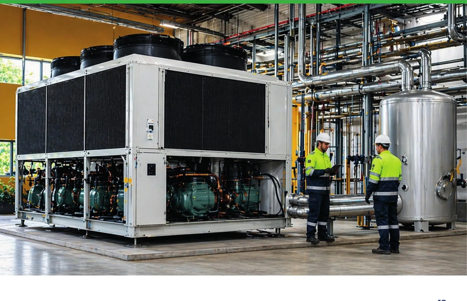 Techniciens inspectant un groupe froid industriel